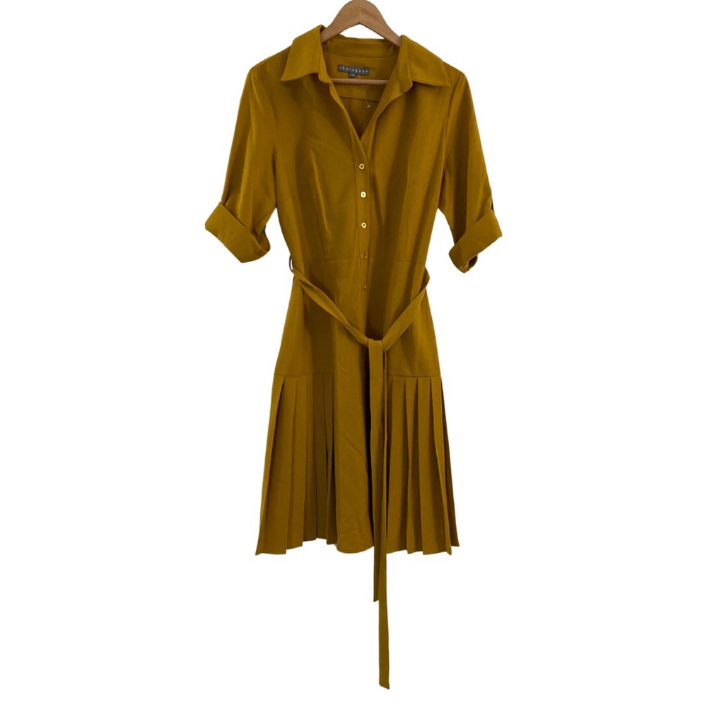 Ladies Button Front, Gold Pleated Knee Length Belted Dress by Sharagano New York